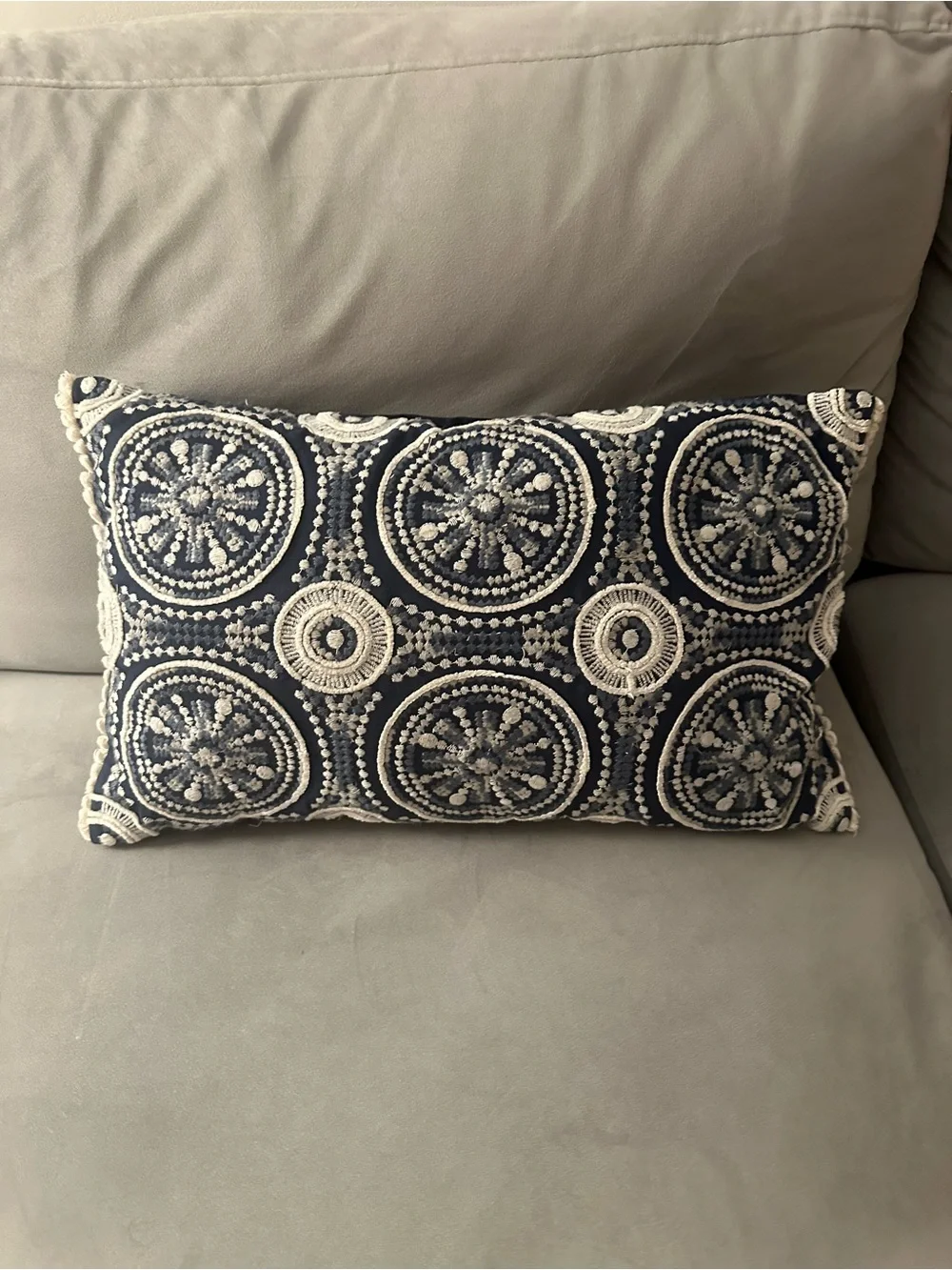 Pier 1 Navy and Cream Embroidered Lumbar Pillow